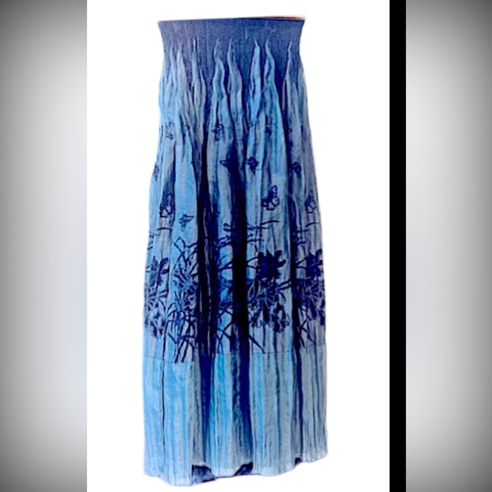 Anthropologie Blue Ombre Strapless Maxi Dress with Navy Floral Print